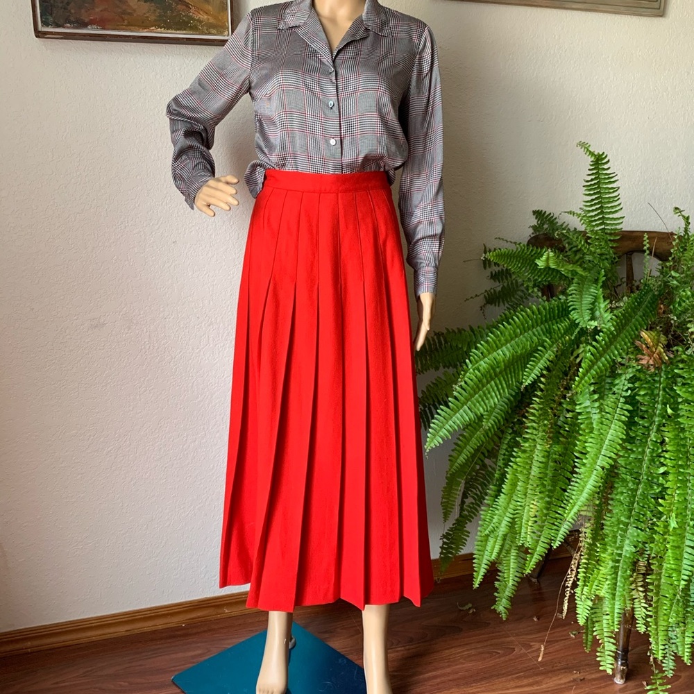 Vintage Wool Kenneth Gordon Red Pleated Midi Skirt